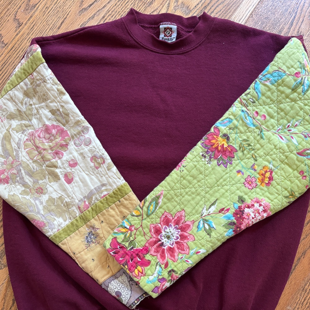 Handmade upcycled quilt sleeve vintage sweatshirt